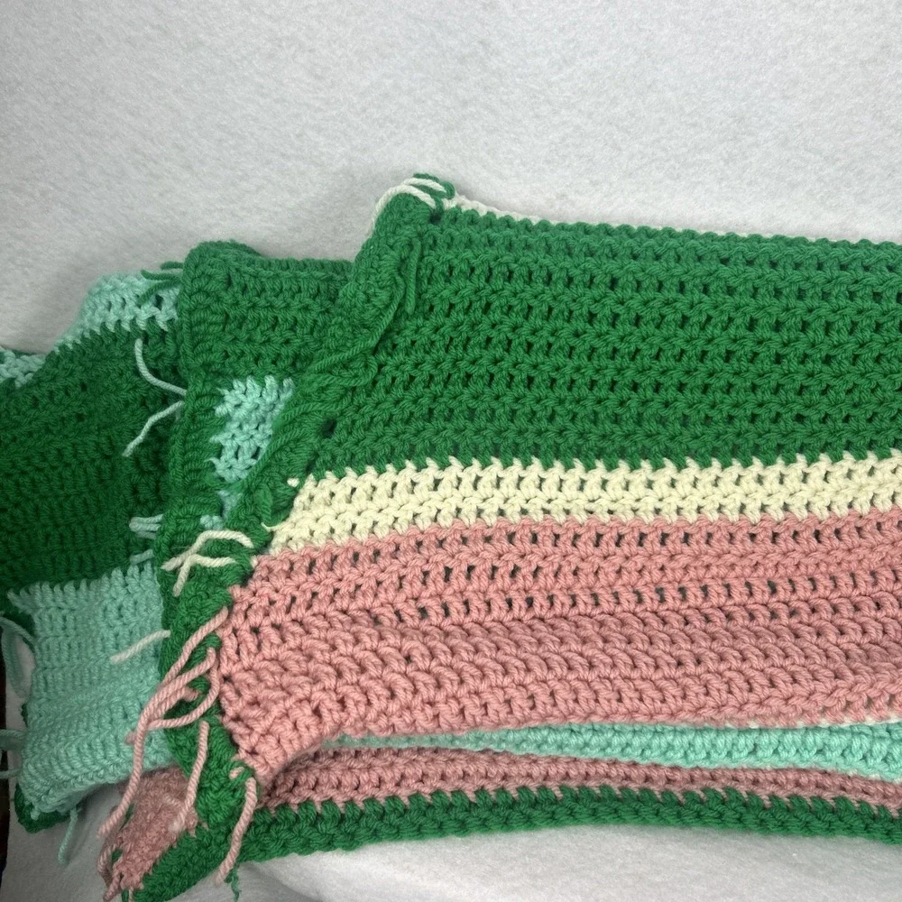 VTG Handmade 70's Crochet Afghan Blanket Green Pink Cream Blue 62x42 Fringe